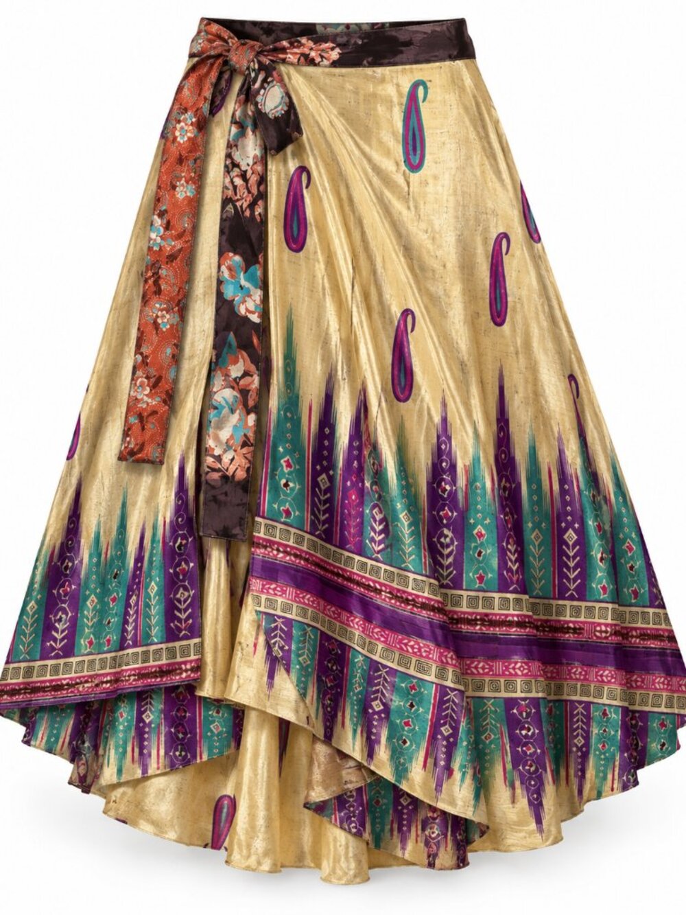 Darn Good Yarn Sari Wrap Skirt Reversible XL 14-32 Silk Maxi Boho Festival